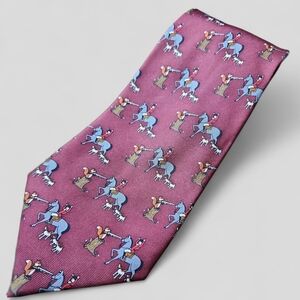 LANDS' END | Funny Fox Hunt Horse Men's Long Handmade Burgandy Base Silk Tie